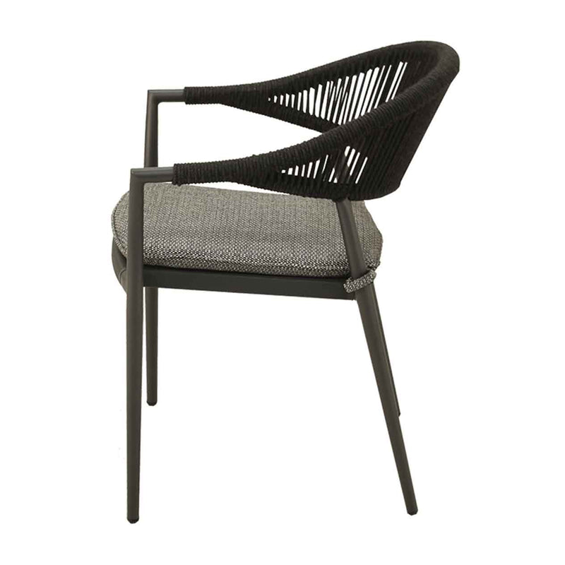 Outdoor furniture: The Windsor Dining Chair, a rope chair with charcoal frame and fabric, perfect for outdoor dining.