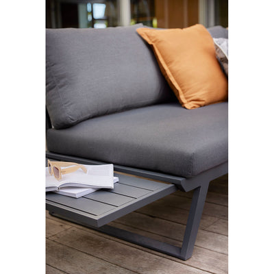 Aluminum outdoor furniture, Yarra Sofa Series outdoor lounge chair, a gray couch with orange pillows on a wooden deck, perfect for Aussie UVs.