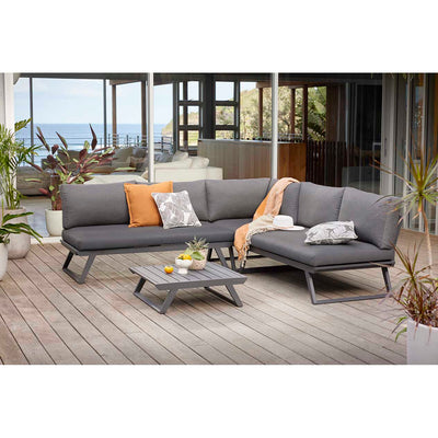 Aluminum outdoor furniture from Yarra Sofa Series, featuring a lightweight yet sturdy outdoor lounge chair and side table on a wooden deck.