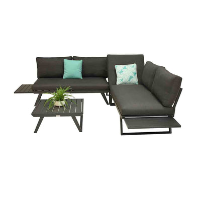 Aluminum outdoor furniture set from Yarra Sofa Series, featuring an outdoor lounge chair, a lightweight yet sturdy couch, and a side table with a plant.
