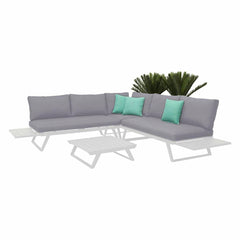 Aluminum outdoor furniture set from Yarra Sofa Series, featuring an outdoor lounge chair, a couch with a coffee table and a potted plant.