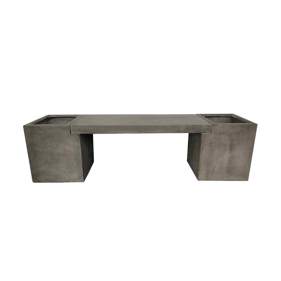 A modern 167 cm outdoor concrete bench complete with 2 planters, 1 on each side, displayed on a plain white background, viewed from the front.
