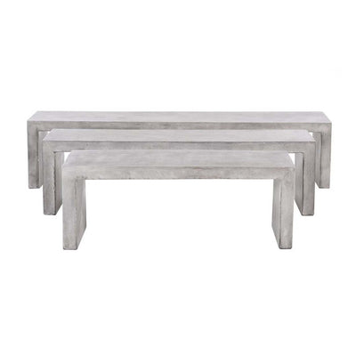 3 minimalist, sturdy concrete benches arranged in a row from smallest to largest, perfect for outdoor concrete seating, displayed on a plain white background and viewed from the front.