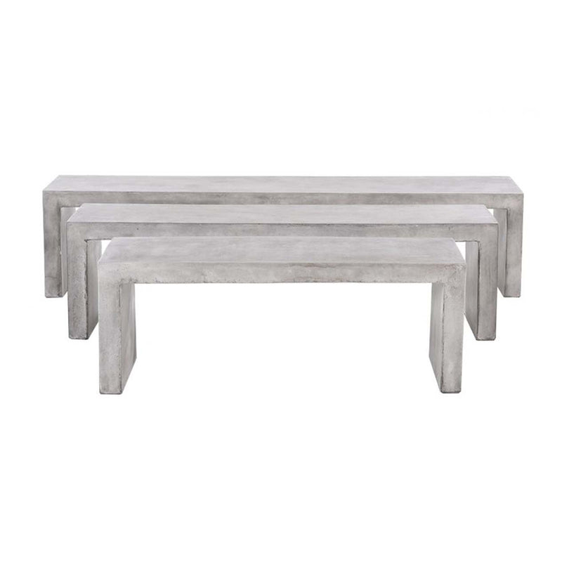 3 minimalist, sturdy concrete benches arranged in a row from smallest to largest, perfect for outdoor concrete seating, displayed on a plain white background and viewed from the front.