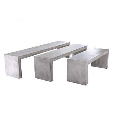 3 minimalist, sturdy concrete benches arranged in a row from largest to smallest, perfect for outdoor concrete seating, displayed on a plain white background and viewed from a side angle.