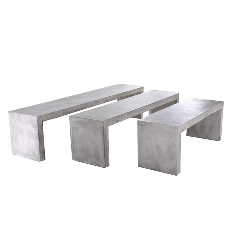 3 minimalist, sturdy concrete benches arranged in a row from largest to smallest, perfect for outdoor concrete seating, displayed on a plain white background and viewed from a side angle.