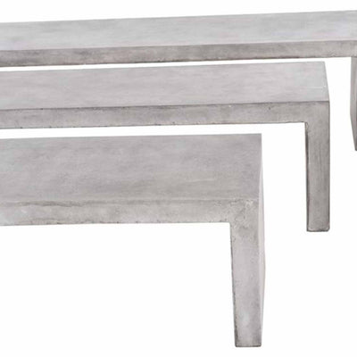 A close-up of 3 minimalist, sturdy concrete benches arranged in a row from smallest to largest, perfect for outdoor concrete seating, displayed on a plain white background and viewed from the front.