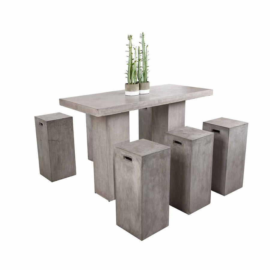 An outdoor bar furniture set including our grey, rectangular Zen concrete bar table & 6 grey Zen concrete bar stools, displayed on a plain white background, viewed from a front angle.