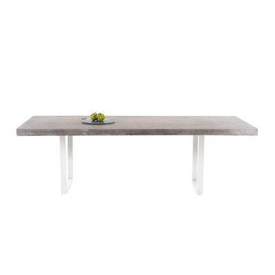 Zen square concrete table from our outdoor furniture collection, with customizable teak or metal legs.