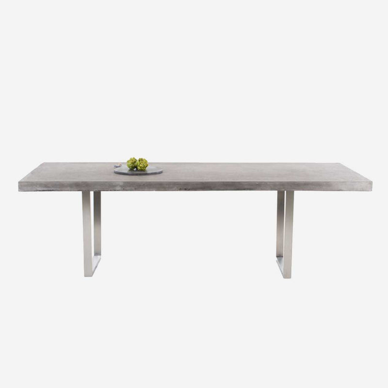 Zen square concrete table from our outdoor furniture collection, with customizable teak or metal legs.