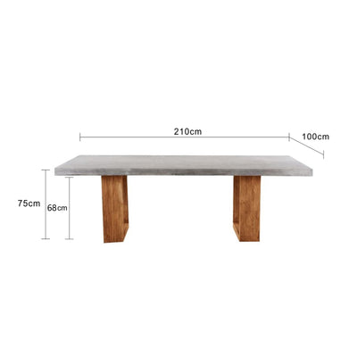 A Zen rectangular concrete outdoor table with wooden legs, perfect for alfresco furniture setups, displayed on a plain white background, viewed from the front. The table's measurements are shown at 210 cm long, 100 cm wide, and 75 cm tall.
