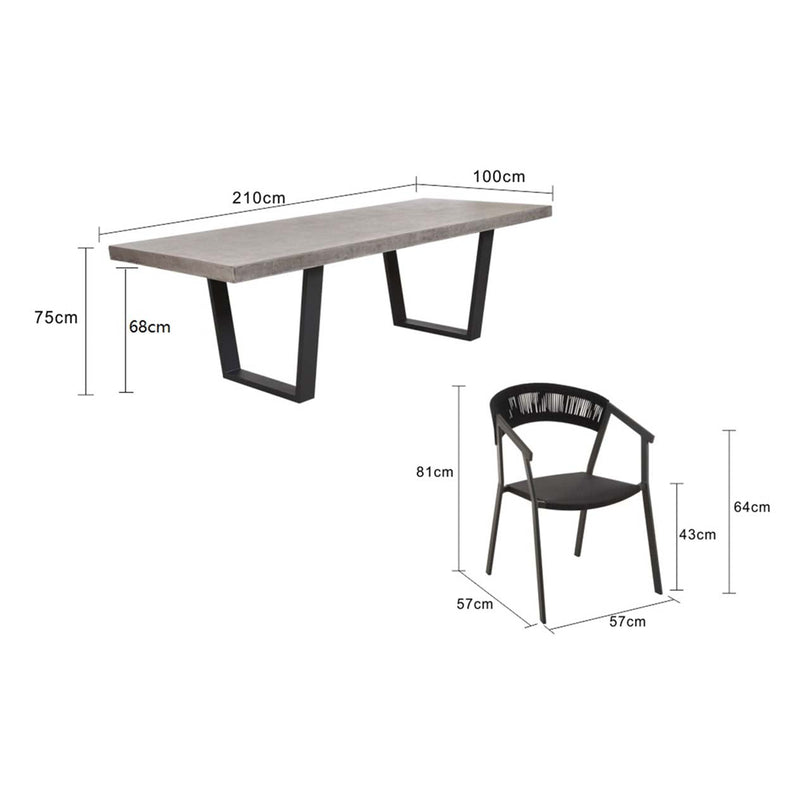 An outdoor dining set including our grey, rectangular Zen concrete outdoor table & our black Auto rope outdoor chair, perfect for alfresco furniture setups. The table&