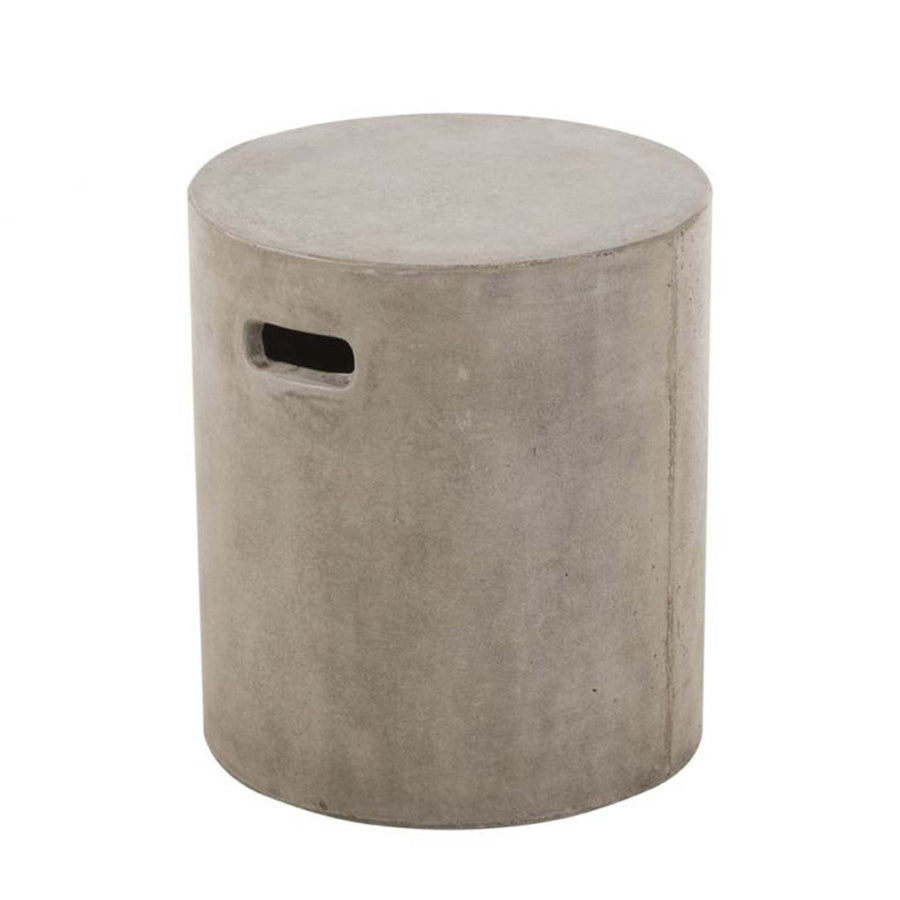 A cement-grey round outdoor stool crafted with glass-fibre-reinforced concrete. This stool is displayed on a plain white background, viewed from the front.