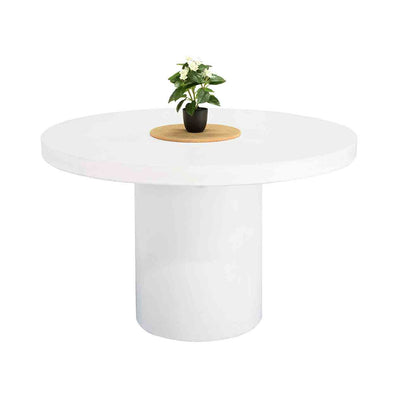 White, round, 105 cm concrete 'Zen' outdoor dining table, perfect for alfresco furniture setups, displayed on a plain white background, viewed from the front. The table has a pot plant on it.