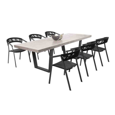 An outdoor dining set including our grey, rectangular Zen concrete outdoor table & 6 black Auto rope outdoor chairs, perfect for alfresco furniture setups, displayed on a plain white background, viewed from a front angle.