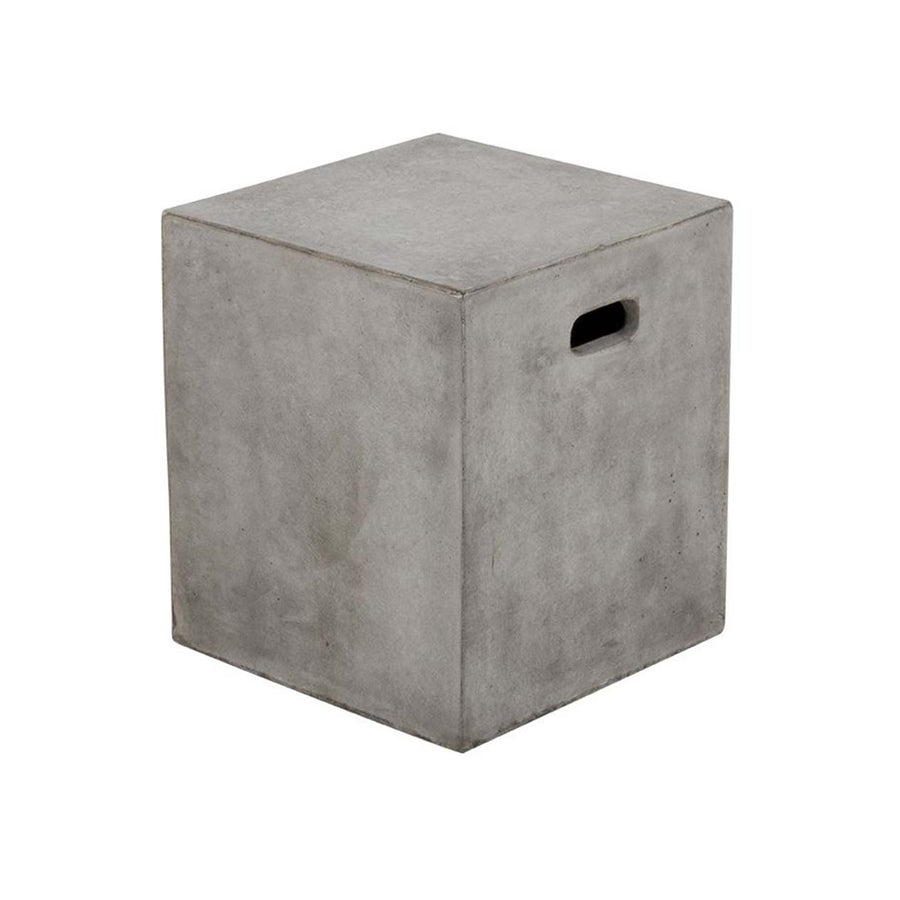 A cement-grey square outdoor stool crafted with glass-fibre-reinforced concrete. This stool is displayed on a plain white background, viewed from a front angle.