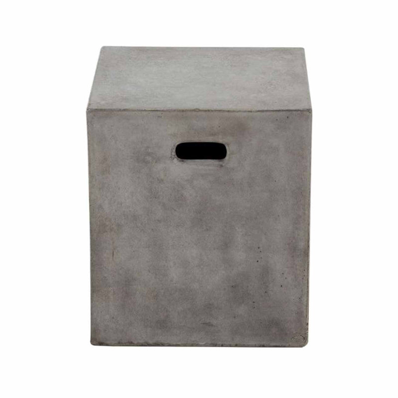 A cement-grey square outdoor stool crafted with glass-fibre-reinforced concrete. This stool is displayed on a plain white background, viewed from the front.