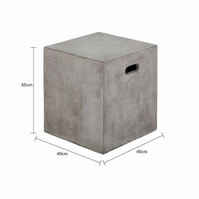 A cement-grey square outdoor stool crafted with glass-fibre-reinforced concrete. This stool is displayed on a plain white background, viewed from a front angle. Its measurements are cleary shown at 40 cm long & wide, and 45 cm tall.