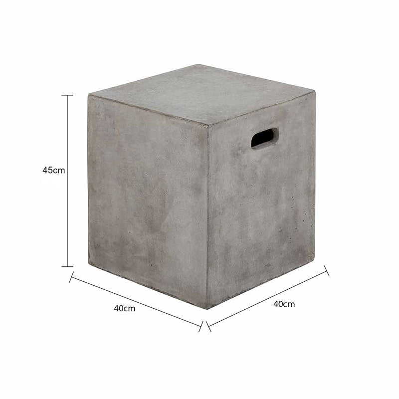 A cement-grey square outdoor stool crafted with glass-fibre-reinforced concrete. This stool is displayed on a plain white background, viewed from a front angle. Its measurements are cleary shown at 40 cm long & wide, and 45 cm tall.