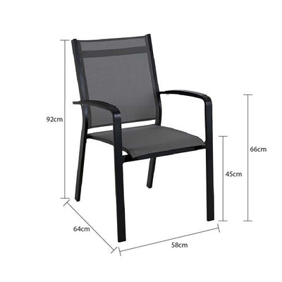 One of our black Cosmo aluminium patio chairs, perfect for alfresco furniture setups, displayed on a plain white background, viewed from a front angle. Its measurements are shown at 64 cm long, 58 cm wide, and 92 cm tall.