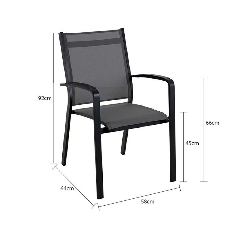 One of our black Cosmo aluminium patio chairs, perfect for alfresco furniture setups, displayed on a plain white background, viewed from a front angle. Its measurements are shown at 64 cm long, 58 cm wide, and 92 cm tall.