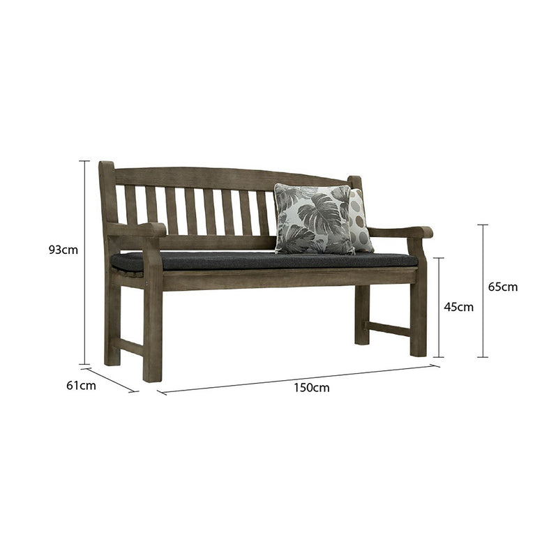 A dark brown wooden outdoor bench with a dark grey fade-resistant seat cushion & 2 light-coloured decorative throw pillows. The bench is made of high-quality acacia wood, and perfect for any outdoor setting. It is displayed on a plain white background, viewed from a front angle, with its measurements shown at 150cm long, 61cm wide, and 93cm tall.
