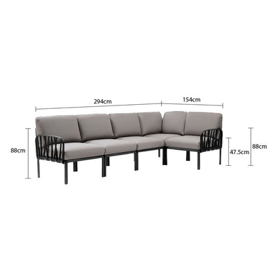 Grey & black Nardi Komodo 5-seater resin modular lounge, ideal for outdoor furniture setups displayed on a plain white background, viewed from a front angle. Its measurements are 294 cm long, 154 cm wide, and 88 cm tall.