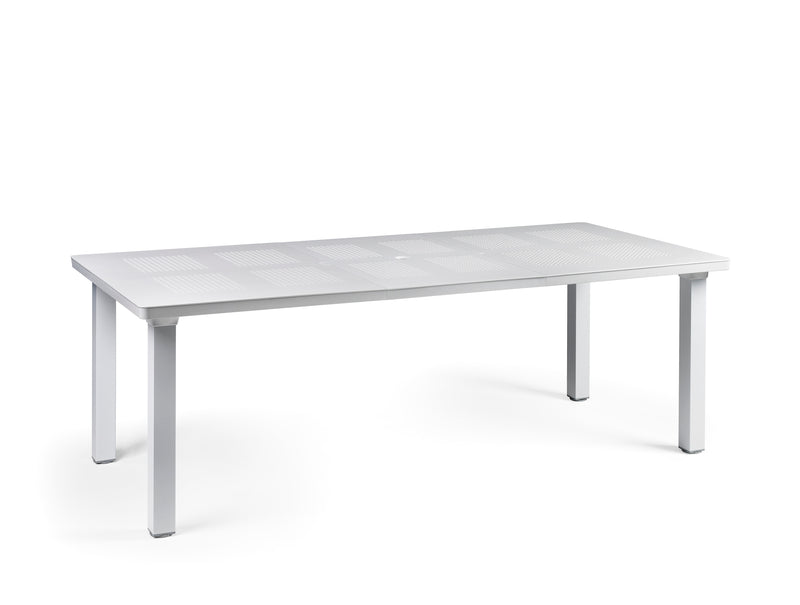 White 160/220 cm Nardi Levante Outdoor Resin Extension Dining Table, ideal for alfresco furniture setups, displayed on a plain white background, viewed from the front.