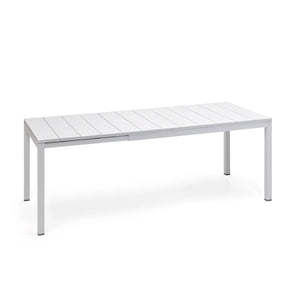 White 140/210 cm sleek aluminium Nardi 'Rio' extendable outdoor dining table, great for alfresco furniture setups, displayed on a plain white background, viewed from a front angle.
