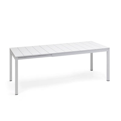 White 140/210 cm sleek aluminium Nardi 'Rio' extendable outdoor dining table, great for alfresco furniture setups, displayed on a plain white background, viewed from a front angle.