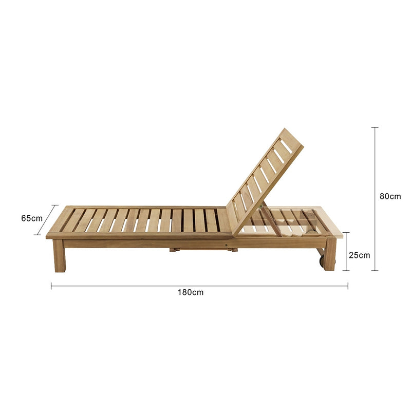 An armless wooden outdoor sun lounger, just one example of our premium teak wood furniture, displayed on a plain white background, viewed from the side. Its measurements are shown at 180 cm long, 65 cm wide, and 25 cm tall.