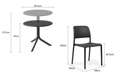 A black resin Nardi balcony set, perfect for alfresco furniture setups, displayed on a plain white background, viewed from a front angle. The measurements of the furniture are labelled clearly.