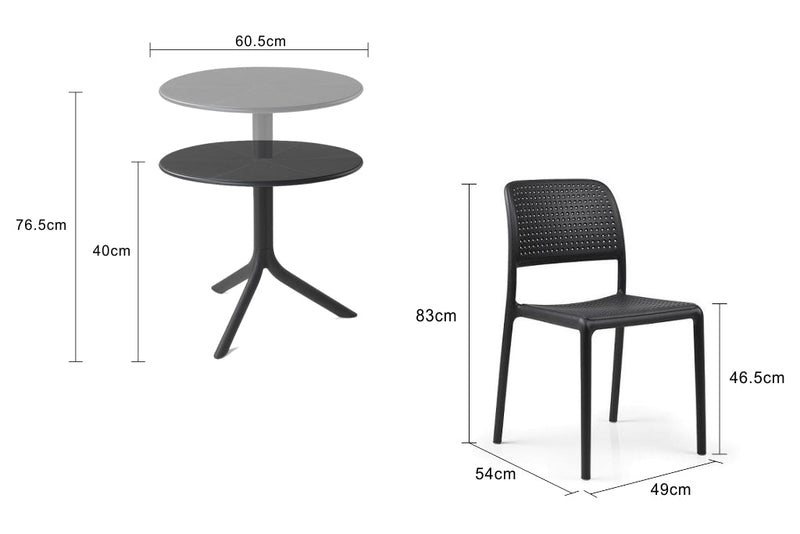 A black resin Nardi balcony set, perfect for alfresco furniture setups, displayed on a plain white background, viewed from a front angle. The measurements of the furniture are labelled clearly.