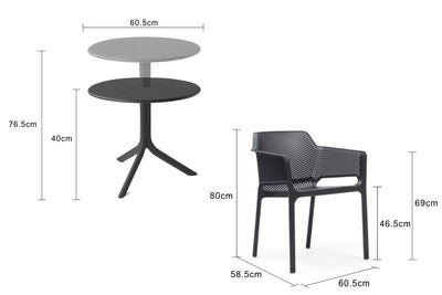 Black resin balcony furniture set, perfect for alfresco furniture setups, consisting of the Nardi Spritz table & Nardi Net chair. The measurements for both the table & chair are labelled in the image.