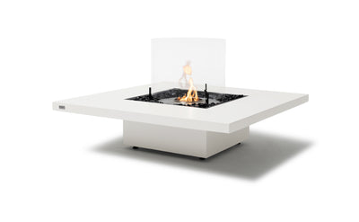 White square EcoSmart Vertigo 40 outdoor firepit with glass screen displayed on a plain white background, viewed from a front angle.