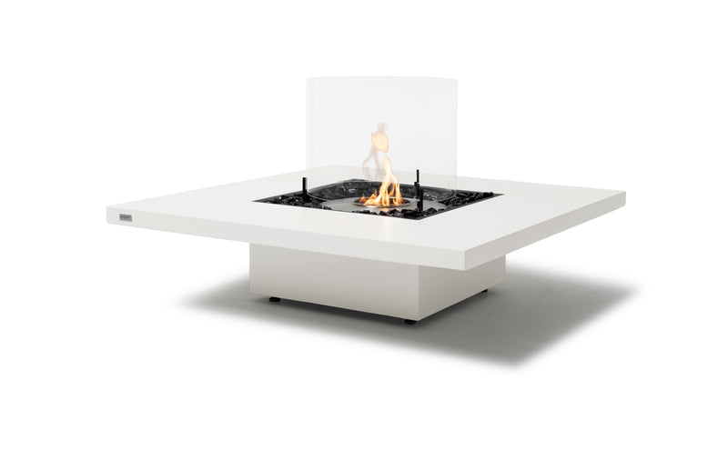 White square EcoSmart Vertigo 40 outdoor firepit with glass screen displayed on a plain white background, viewed from a front angle.