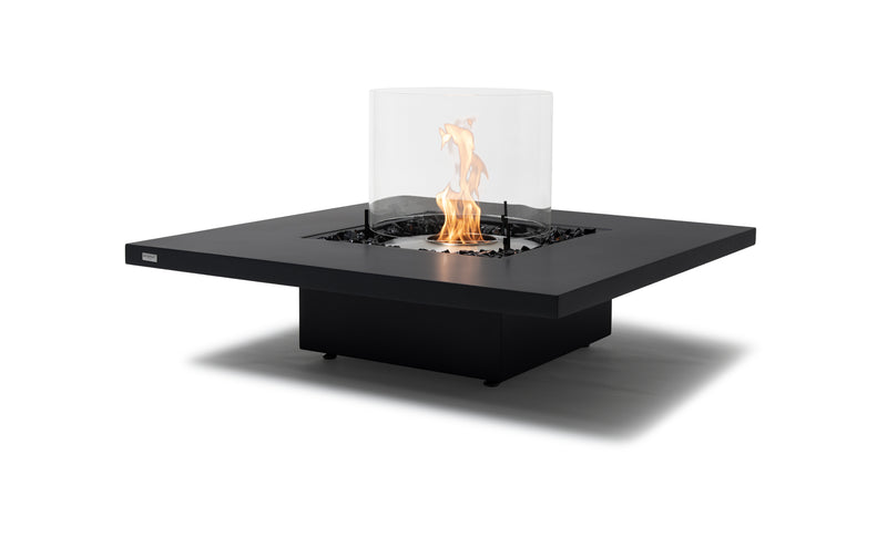 Black square EcoSmart Vertigo 40 outdoor firepit with glass screen displayed on a plain white background, viewed from a front angle.