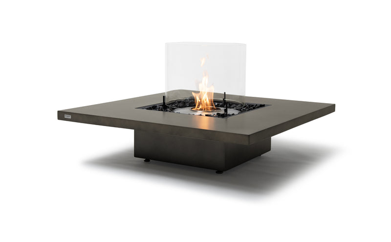 Grey square EcoSmart Vertigo 40 outdoor firepit with glass screen displayed on a plain white background, viewed from a front angle.