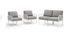 Grey & white Nardi Komodo 4-seater outdoor lounge displayed on a plain white background, viewed from a front angle.