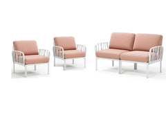 Pink & white Nardi Komodo 4-seater outdoor lounge displayed on a plain white background, viewed from a front angle.