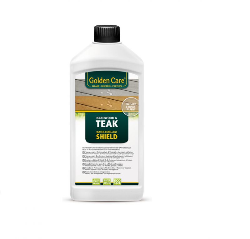 Golden Care Outdoor Hardwood Shield 1 Litre bottle, set against plain white background, designed to protect and preserve outdoor furniture