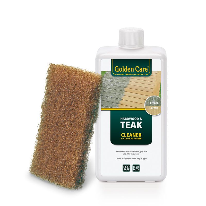 Golden Care Outdoor Teak and Hardwood Cleaner 1 Litre with included sponge, set against plain white background, designed to protect and enhance the longevity of outdoor furniture