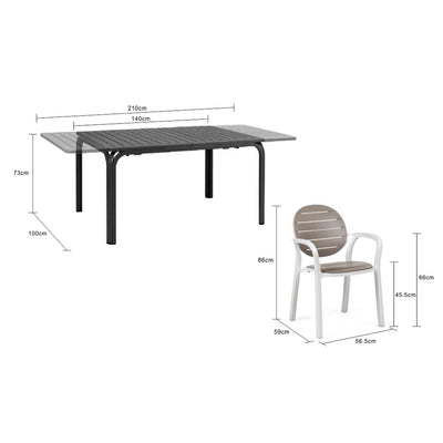 A black, brown, & white resin Nardi outdoor dining set, perfect for alfresco furniture setups, displayed on a plain white background, viewed from a front angle. The measurements of the furniture are labelled clearly.