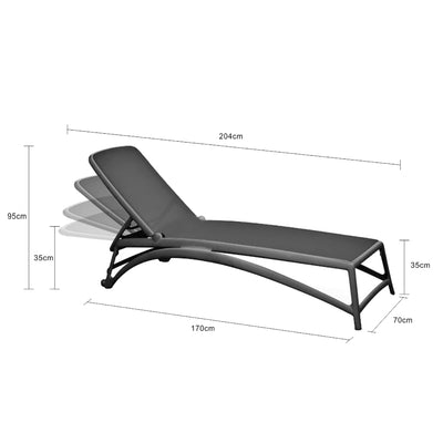 Black resin 'Nardi' sun lounger with textiline seat & backrest displayed on a plain white background, viewed from a side angle. Its measurements are shown at 240 cm long, 70 cm wide, and 95 cm tall.