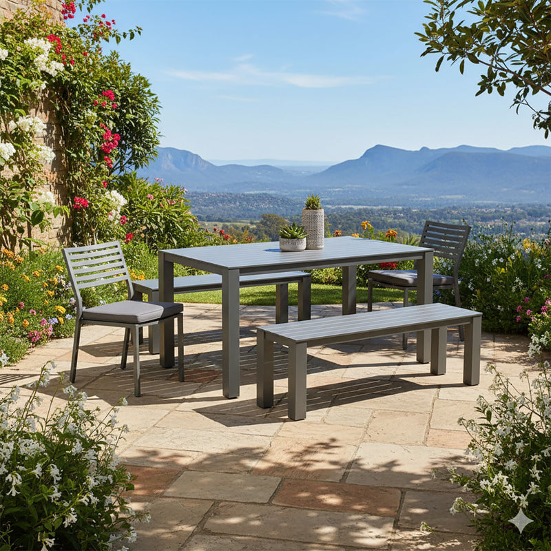 Vernon 160 cm Table Vernon 140 cm Bench and Coda Chair Outdoor Dining Setting