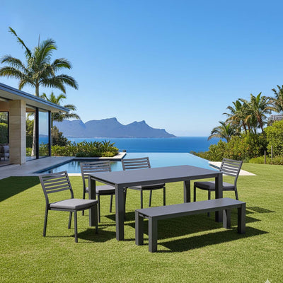 Vernon 160 cm Table Vernon 140 cm Bench and Coda Chair Outdoor Dining Setting