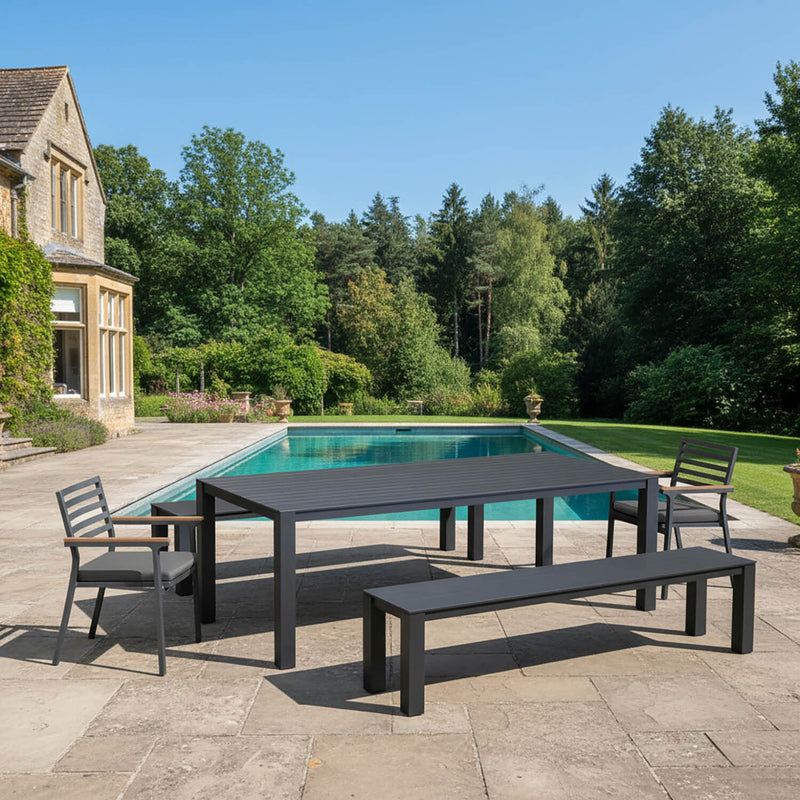 Vernon 160 cm Table Vernon 140 cm Bench and Lotus Chair Outdoor Dining Setting