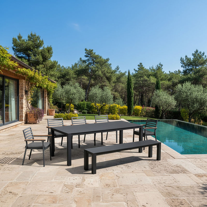 Vernon 180 cm Table Vernon 160 cm Bench and Lotus Chair Outdoor Dining Setting