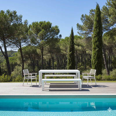 Vernon 180 cm Table Vernon 160 cm Bench and Lotus Chair Outdoor Dining Setting