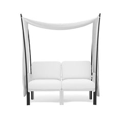 Two-seater outdoor furniture lounge with black resin frame, white cushions, and a protective canopy made from white fabric, displayed against a plain white background.